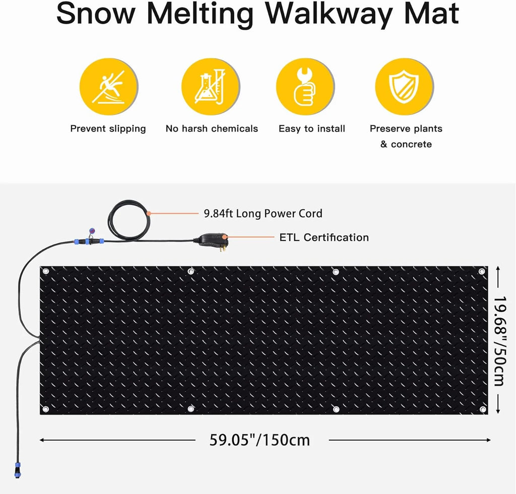 Juilsioa 5ft x 20in Snow Melting Mats, Anti-Slip Heated Outdoor Mat with Power Cord, Ideal for Snowy Paths to Hot Tubs