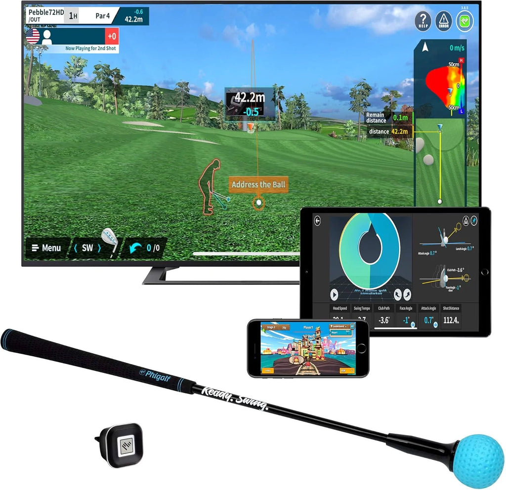 Home Golf Game Simulator: Enjoy Interactive Golf with Motion Sensor  Swing Stick for Indoor  Outdoor Fun  38,000+ Courses Worldwide, Compatible with Android, iOS, App  E6 Connect(Phigolf1_Updated)