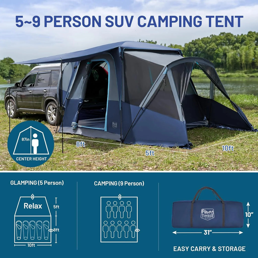 5-9 Person SUV Tent with Screen Porch and Awning for Family Camping, Weather Resistant and Portable Van or Car Tent, Includes Rainfly and Storage Bag, 13' W X 10' L X 7.1' H(Green)