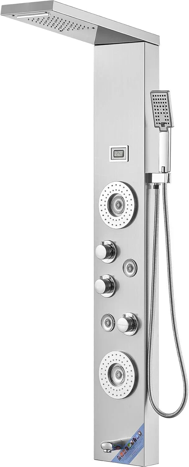 Shower Panel System, 6 Shower Modes, LED  Display Shower Panel Tower, Rainfall, Waterfall, 4 Body Massage Jets, Tub Spout, Handheld Shower Head 59" Hose, Stainless Steel Wall-Mounted Shower Set