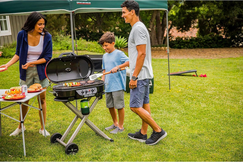 RoadTrip Portable Stand-Up Propane Grill with 3 Adjustable Burners  Instastart Ignition, 20,000 BTUs of Power for Outdoor Cooking(Red)