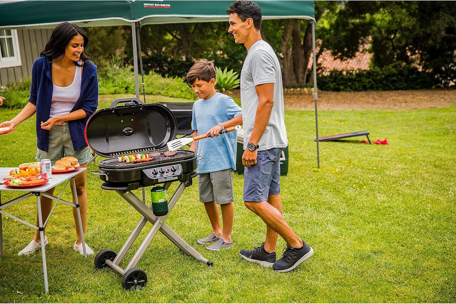 RoadTrip Portable Stand-Up Propane Grill with 3 Adjustable Burners  Instastart Ignition, 20,000 BTUs of Power for Outdoor Cooking(Red)