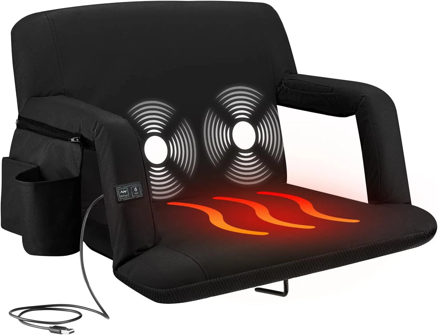 Heating Massage Stadium Seat – Deluxe Reclining Bleacher Chair with Back  Arm Support – Built-in Heater and Massager - Extra Thick, Lightweight and Waterproof with Detachable Pockets(Wide/Deluxe)