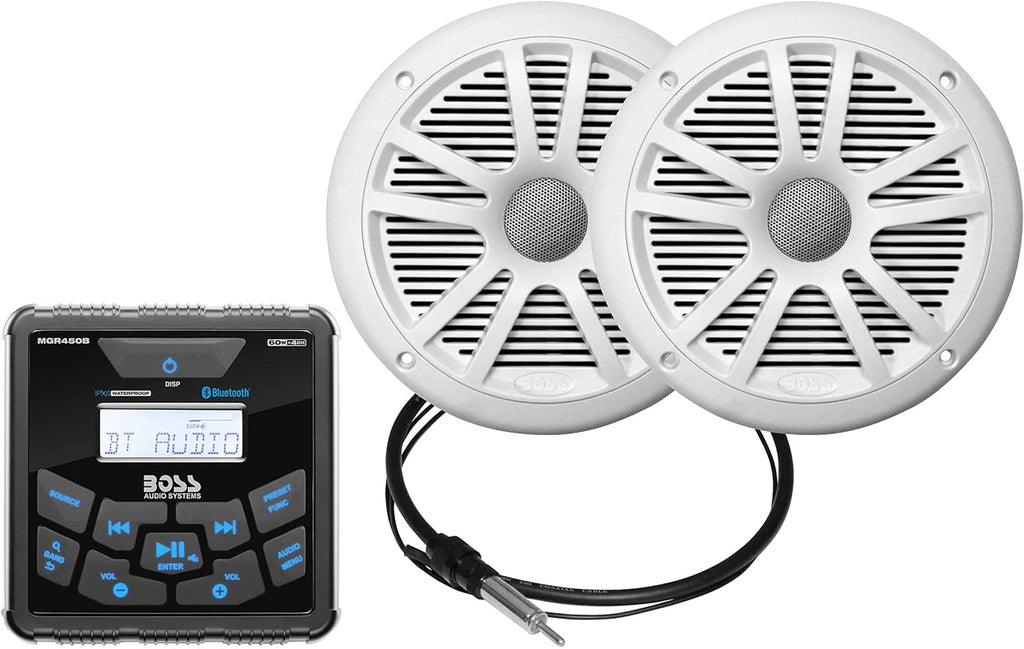 Marine Boat Stereo Gauge Receiver – Bluetooth Head Unit, No CD DVD Player, Built-in 4 Channel Amplifier, Weatherproof, USB, USB Charging(MGR450B + 2 White Speakers)