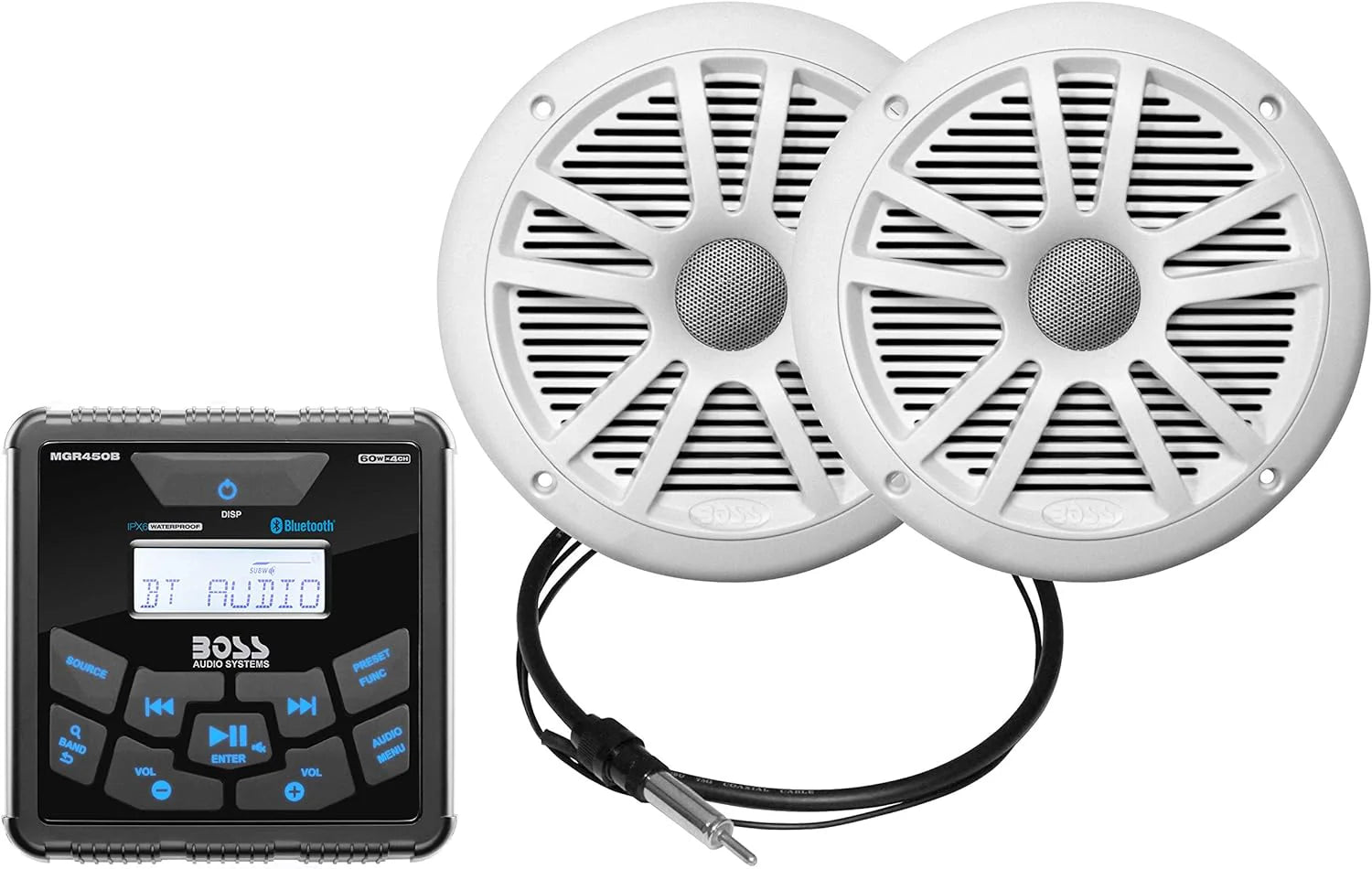Marine Boat Stereo Gauge Receiver – Bluetooth Head Unit, No CD DVD Player, Built-in 4 Channel Amplifier, Weatherproof, USB, USB Charging(MGR450B + 2 White Speakers)