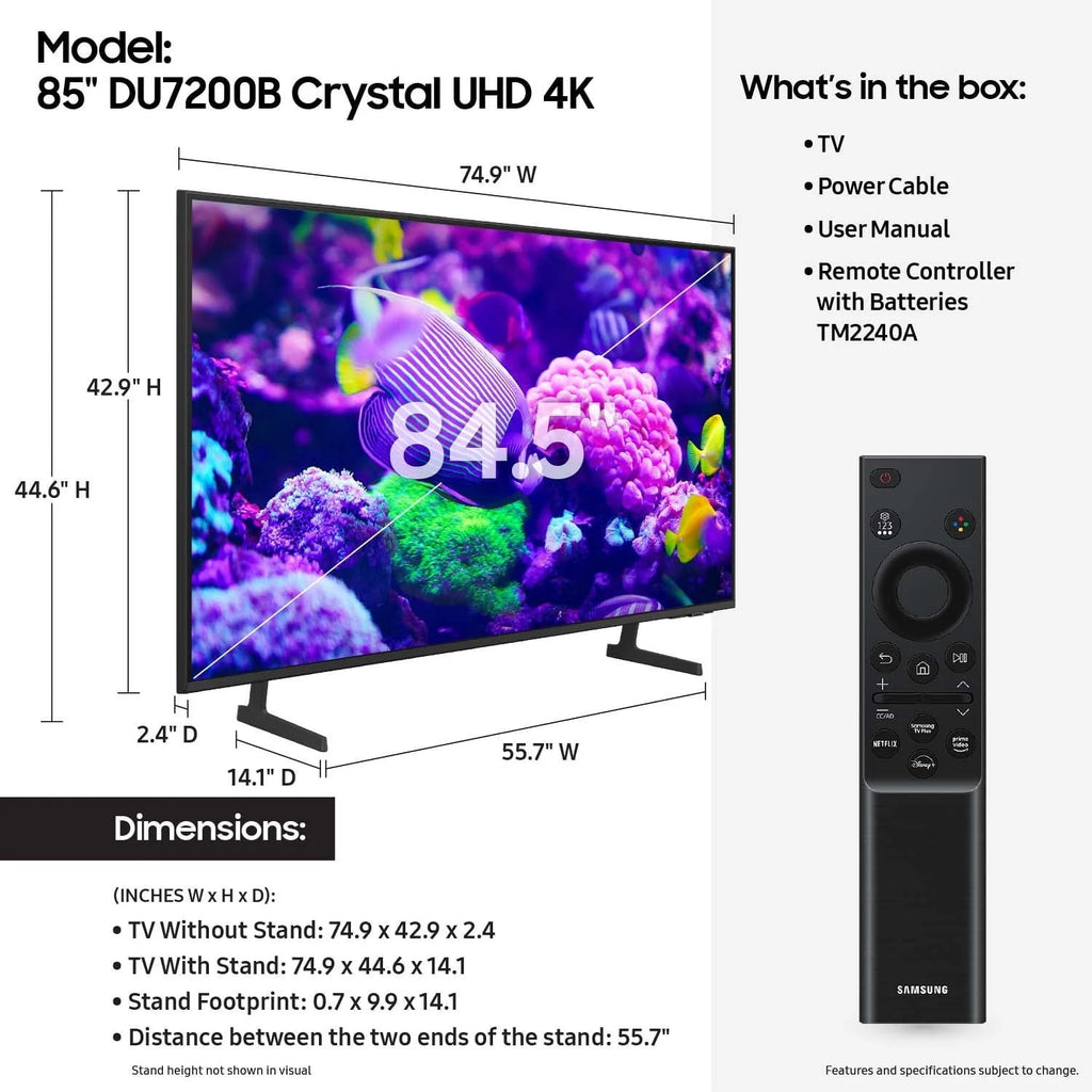 Samsung 85 Crystal UHD 4K Smart TV with PurColor  HDR DU7200B 2024 Model