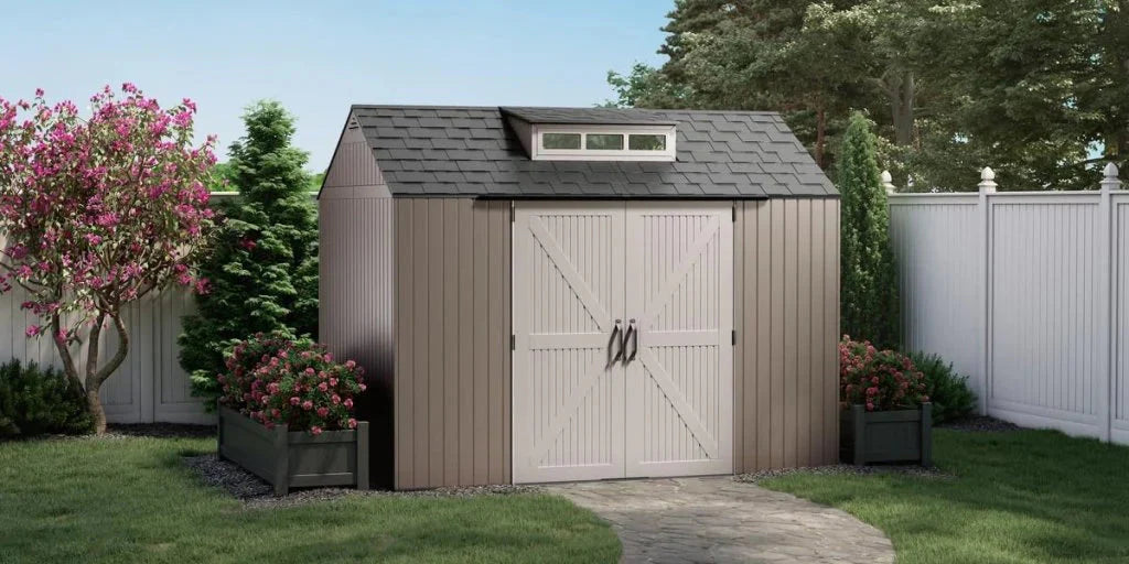 Rubbermaid Resin Outdoor Storage Shed With Floor (7 x 7 Ft) Weather Resistant Gray Organization for Home/Backyard/Garden Tools/Lawn Mower/Bike Storage/Pool Supplies(7'x7'/Gray)