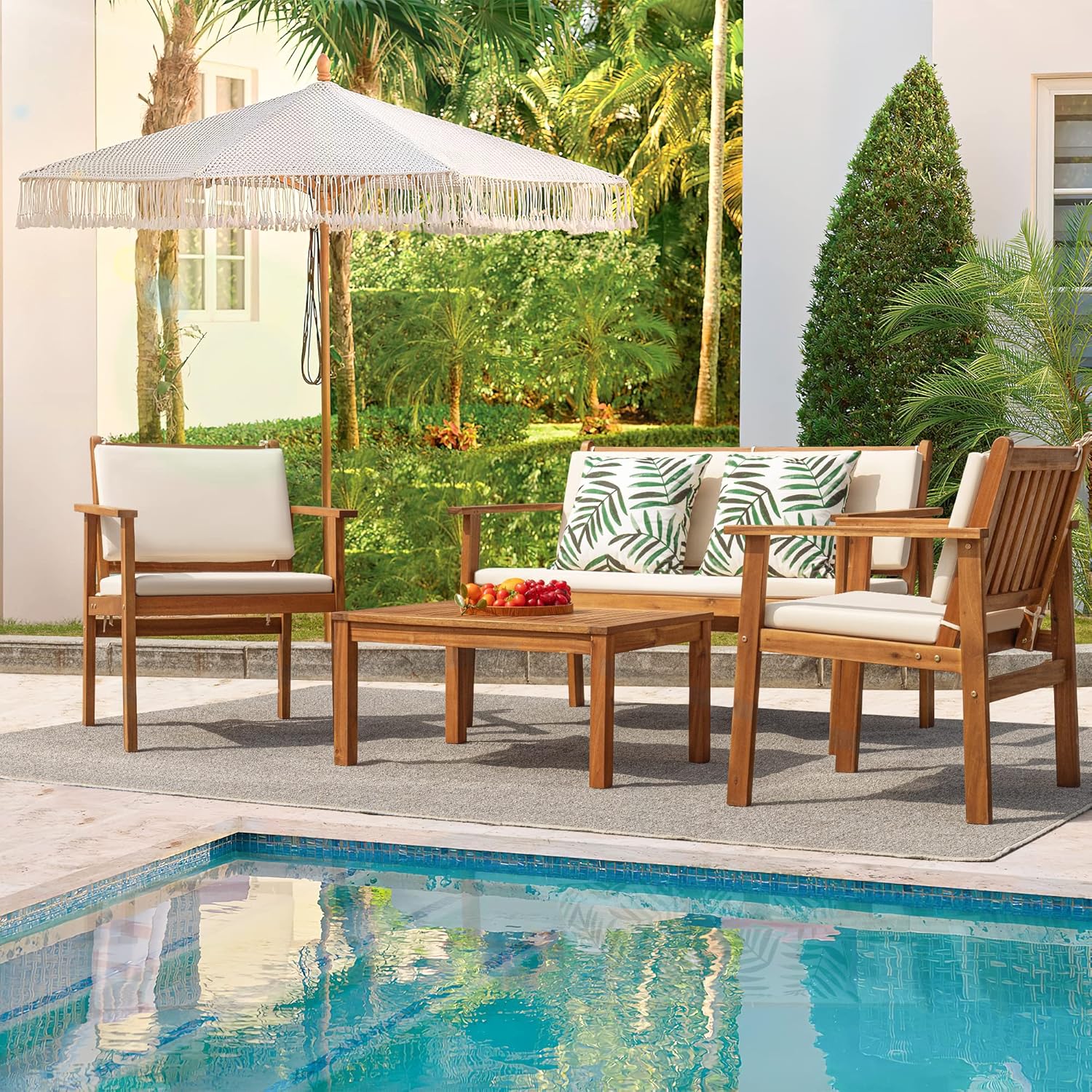 Patio Furniture 4 Piece Outdoor Acacia Wood Patio Conversation Sofa Set with Table  Cushions Porch Furniture for Deck, Balcony, Backyard(4 Piece)