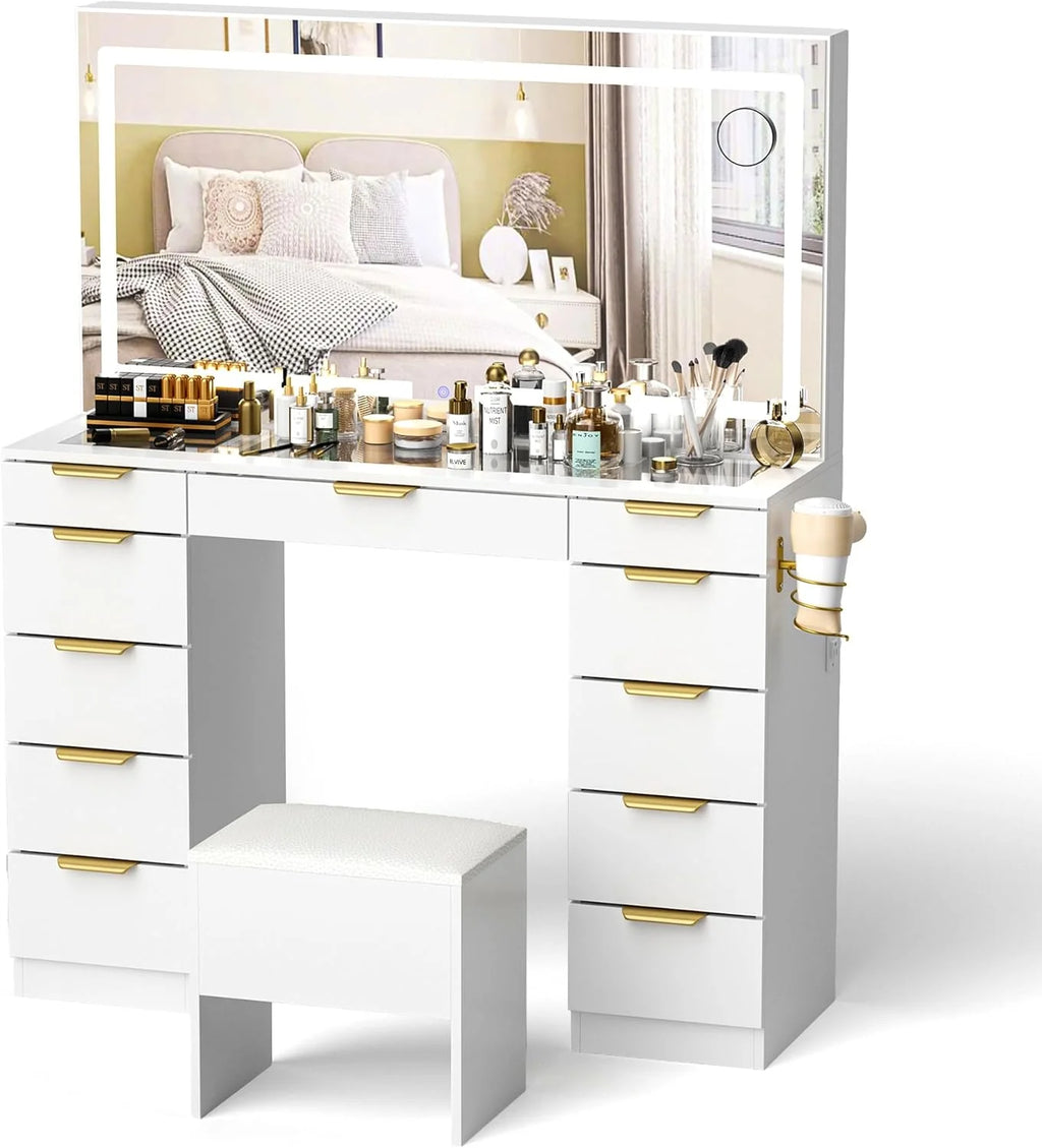 Glass Top Vanity Desk with Mirror and Lights, 11 Drawers Makeup Vanity with Golden Handles, 3 Lighting Modes Upgraded Silent Slides Vanity Desk with Bench, Portable Mirror and Power Putlet