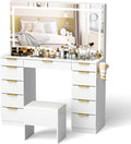 Glass Top Vanity Desk with Mirror and Lights, 11 Drawers Makeup Vanity with Golden Handles, 3 Lighting Modes Upgraded Silent Slides Vanity Desk with Bench, Portable Mirror and Power Putlet