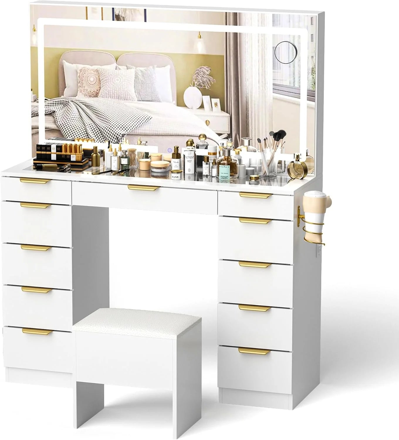 Glass Top Vanity Desk with Mirror and Lights, 11 Drawers Makeup Vanity with Golden Handles, 3 Lighting Modes Upgraded Silent Slides Vanity Desk with Bench, Portable Mirror and Power Putlet