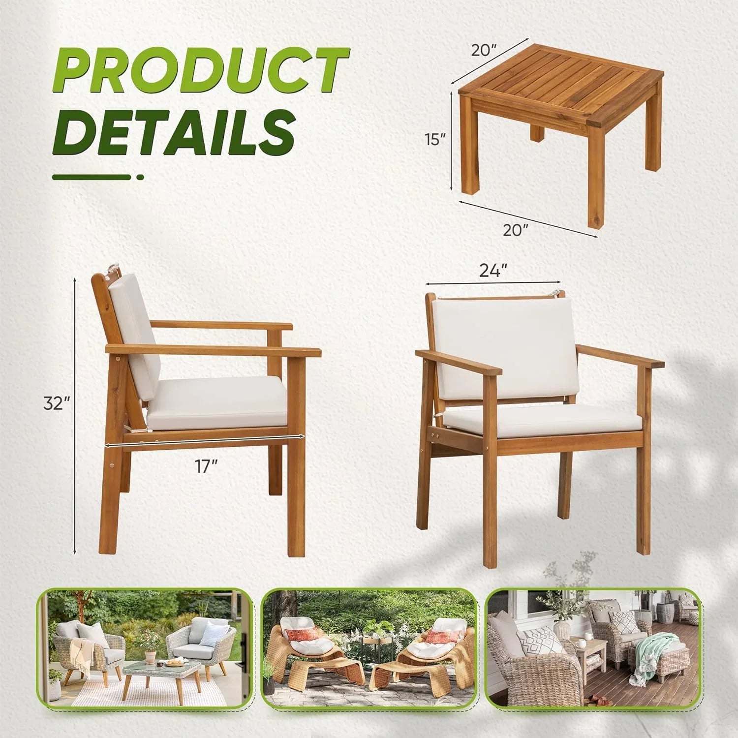 Patio Furniture 4 Piece Outdoor Acacia Wood Patio Conversation Sofa Set with Table  Cushions Porch Furniture for Deck, Balcony, Backyard(4 Piece)