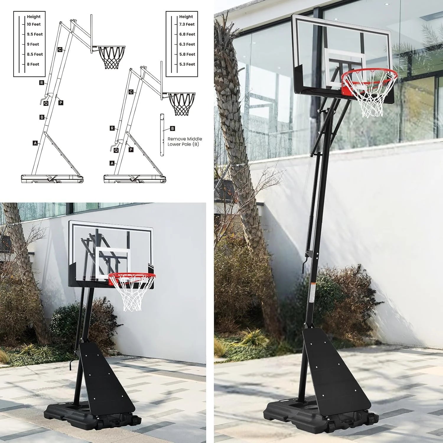 Basketball Hoop 48 Inch Backboard Portable Basketball Hoop Outdoor,5.3-10ft Stepless Regulation Crank Adjust Basketball Goal System(48 inch Backboard/Black Backboard Hoop)