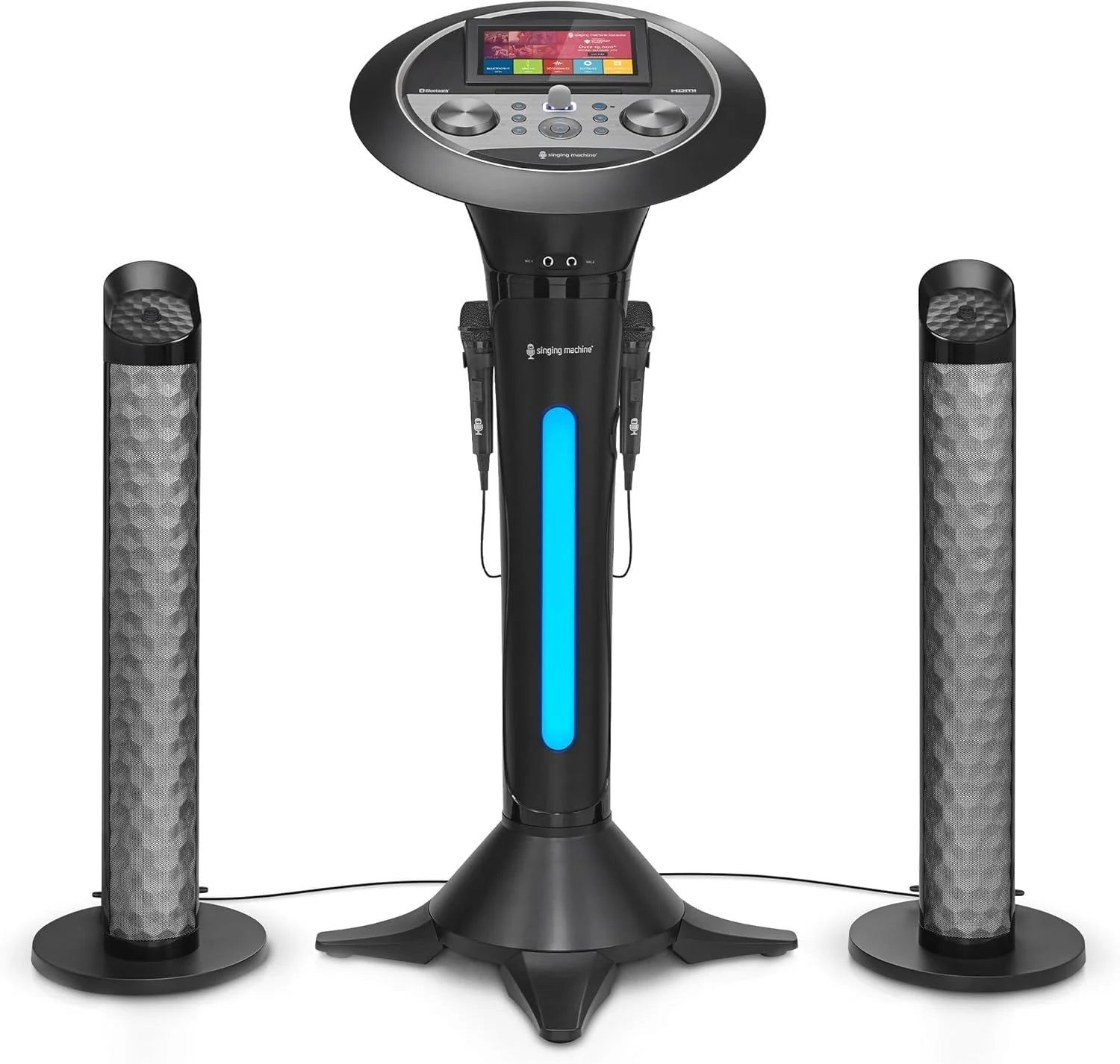 Portable WiFi Karaoke Machine for Adults – Black Pedestal with 7” Touchscreen, Built-In Speaker, Bluetooth, Recorder  2 Wired Microphones