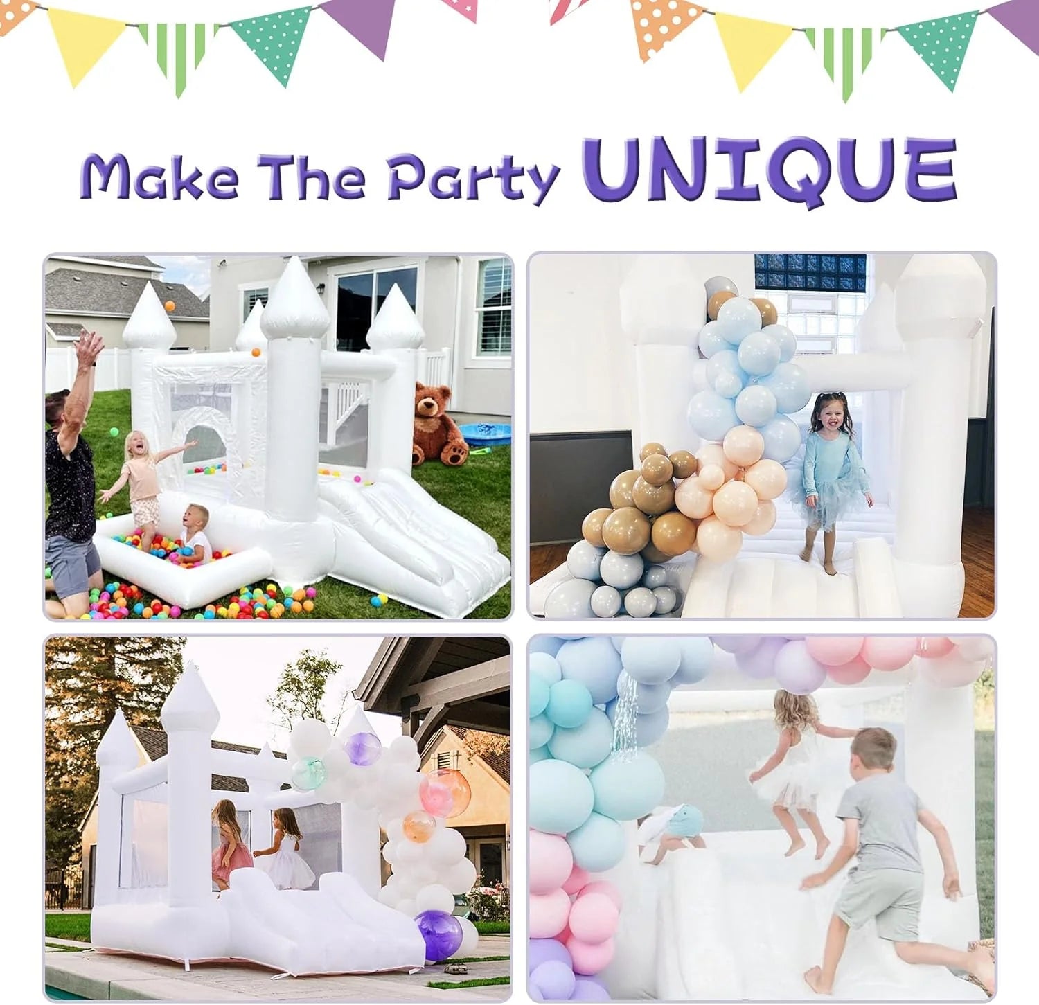 White Bounce House Indoor Outdoor Bouncy Castle for Kids 2-8 Oxford Toddler Bounce House with Slide Balloon  Blower,103 x 71 x 90 inch,Children's Birthday Party Easter Party Gifts