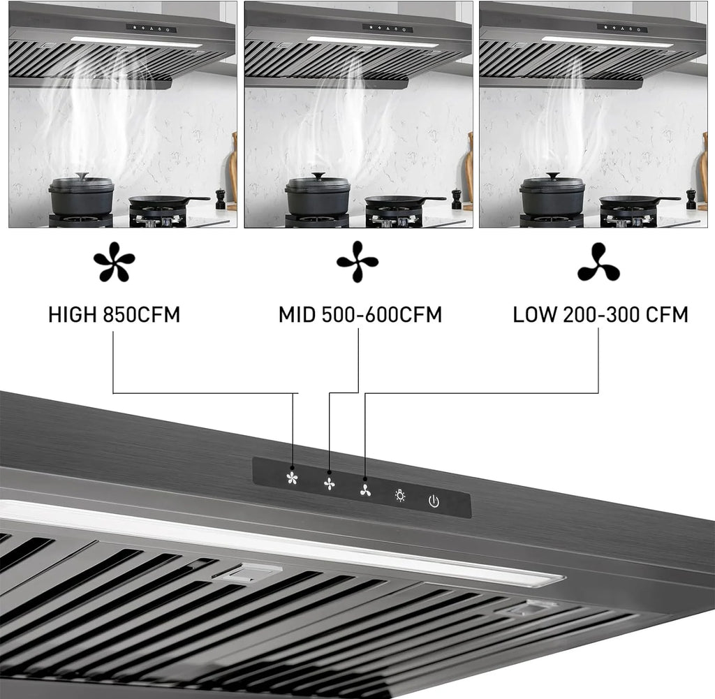 Powerful 30 Inch Under Cabinet Range Hood With Seamless Stainless Steel Body, Twin Turbo Motors, 3 Speed Touch Screen, Round Vent, Baffle Filters, LED Lights, Oil Collector(850 CFM)