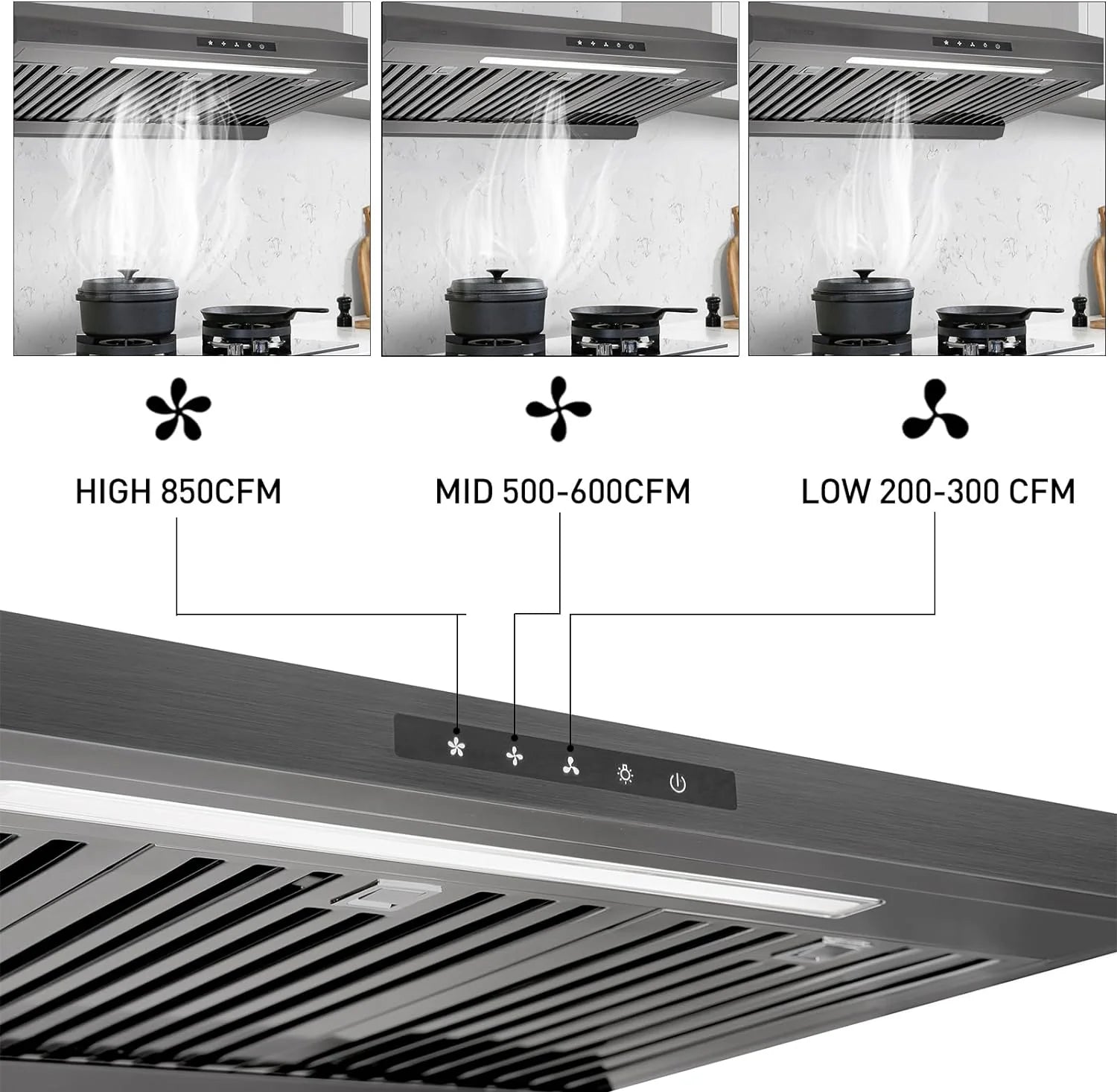 Powerful 30 Inch Under Cabinet Range Hood With Seamless Stainless Steel Body, Twin Turbo Motors, 3 Speed Touch Screen, Round Vent, Baffle Filters, LED Lights, Oil Collector(850 CFM)
