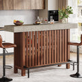 63" Large Home Bar Counter, Double Layer Kitchen Island Table with Footrest, Modern Coffee Bar Cabinet(Red Brown  Gray Cement Texture)