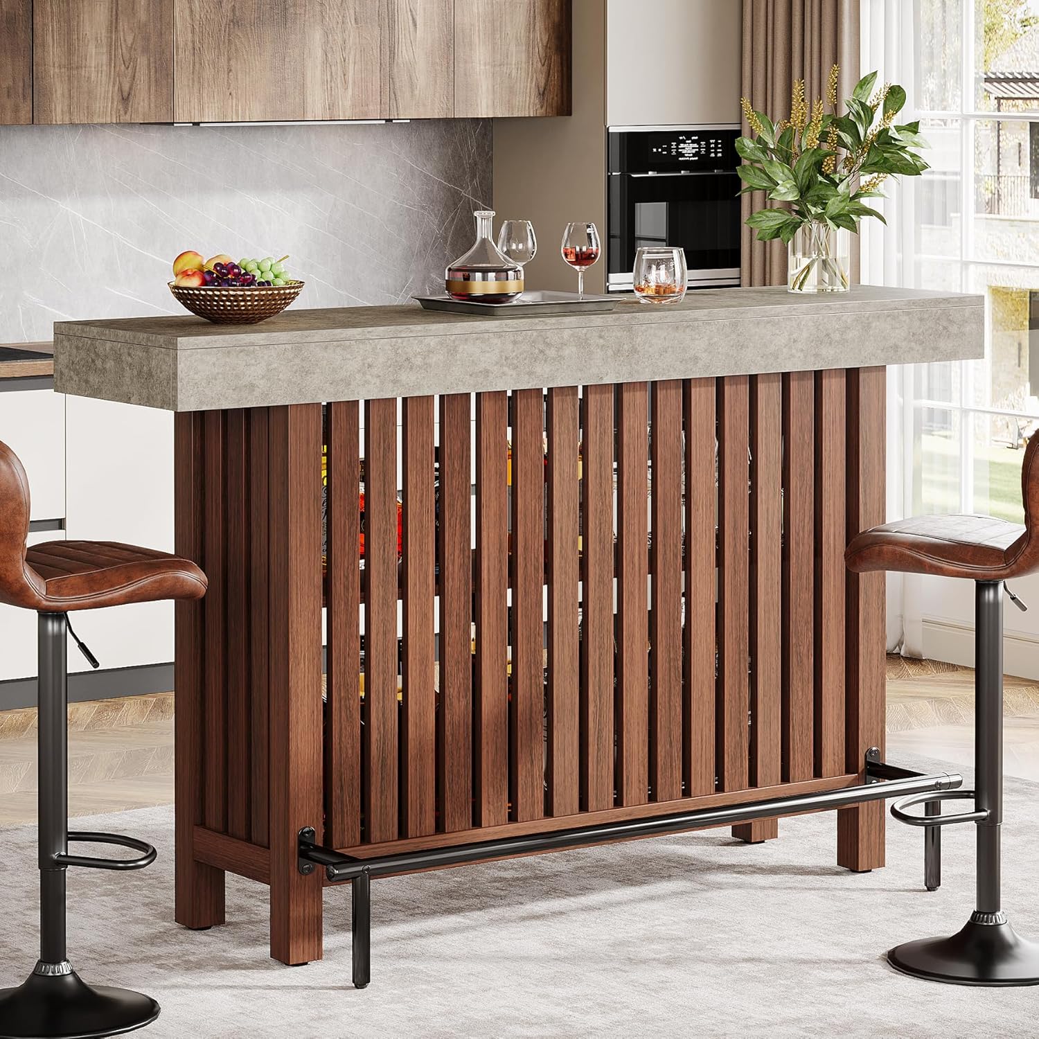 63" Large Home Bar Counter, Double Layer Kitchen Island Table with Footrest, Modern Coffee Bar Cabinet(Red Brown  Gray Cement Texture)