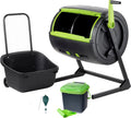 Two 65-gallon two-stage composting drums, equipped with large double doors and an open frame, are also provided along with a maze-style compost cart, a 1.85-gallon kitchen trolley-style compost bin, three rolls of corn bags, and a retractable plant t