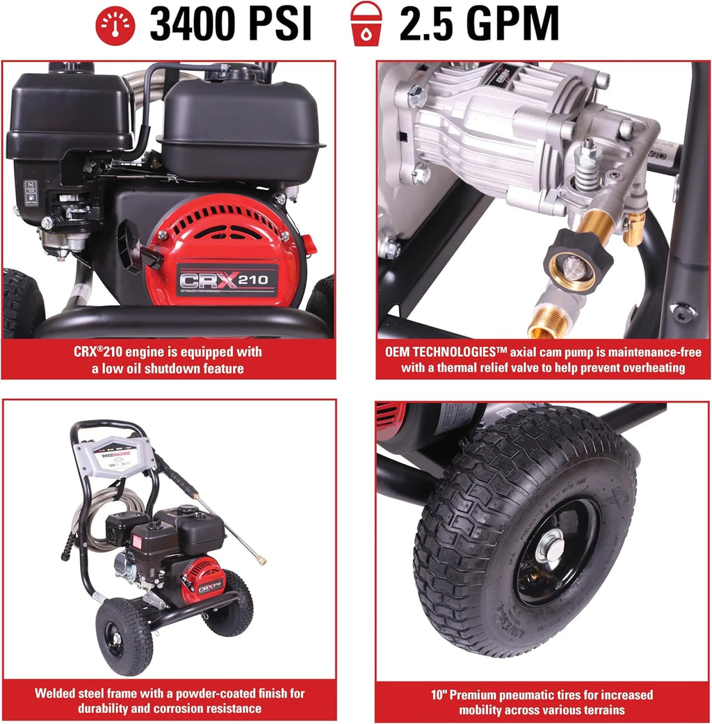 Cleaning CM61083 Clean Machine 3400 PSI Gas Pressure Washer, 2.5 GPM, CRX Engine, Includes Spray Gun and Wand, 4 QC Nozzle Tips, 5/16-in. x 25-ft. MorFlex Hose.(3500 PSI Kohler SH270)