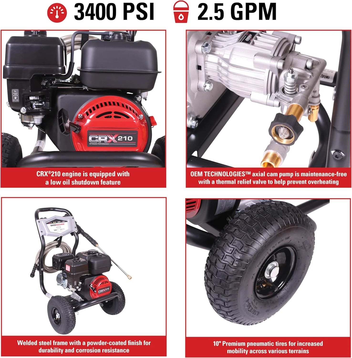 Cleaning CM61083 Clean Machine 3400 PSI Gas Pressure Washer, 2.5 GPM, CRX Engine, Includes Spray Gun and Wand, 4 QC Nozzle Tips, 5/16-in. x 25-ft. MorFlex Hose.(3500 PSI Kohler SH270)