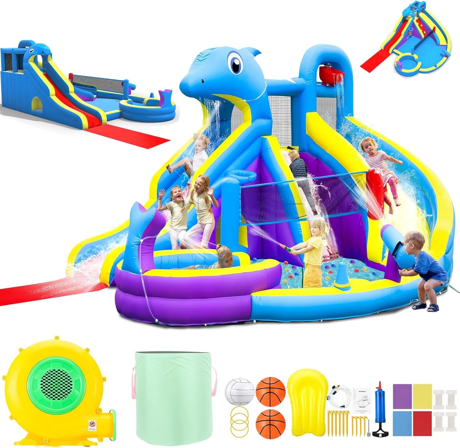 11-in-1 Inflatable Water Slide  Dolphin Bounce House w/2 Long Slides, 19.7 Ft x 13.1 Ft Extra Large Waterslide Climbing Wall w/Small Deeper Pool,Water Cannons,Hoop for Kids Backyard,550W Blower