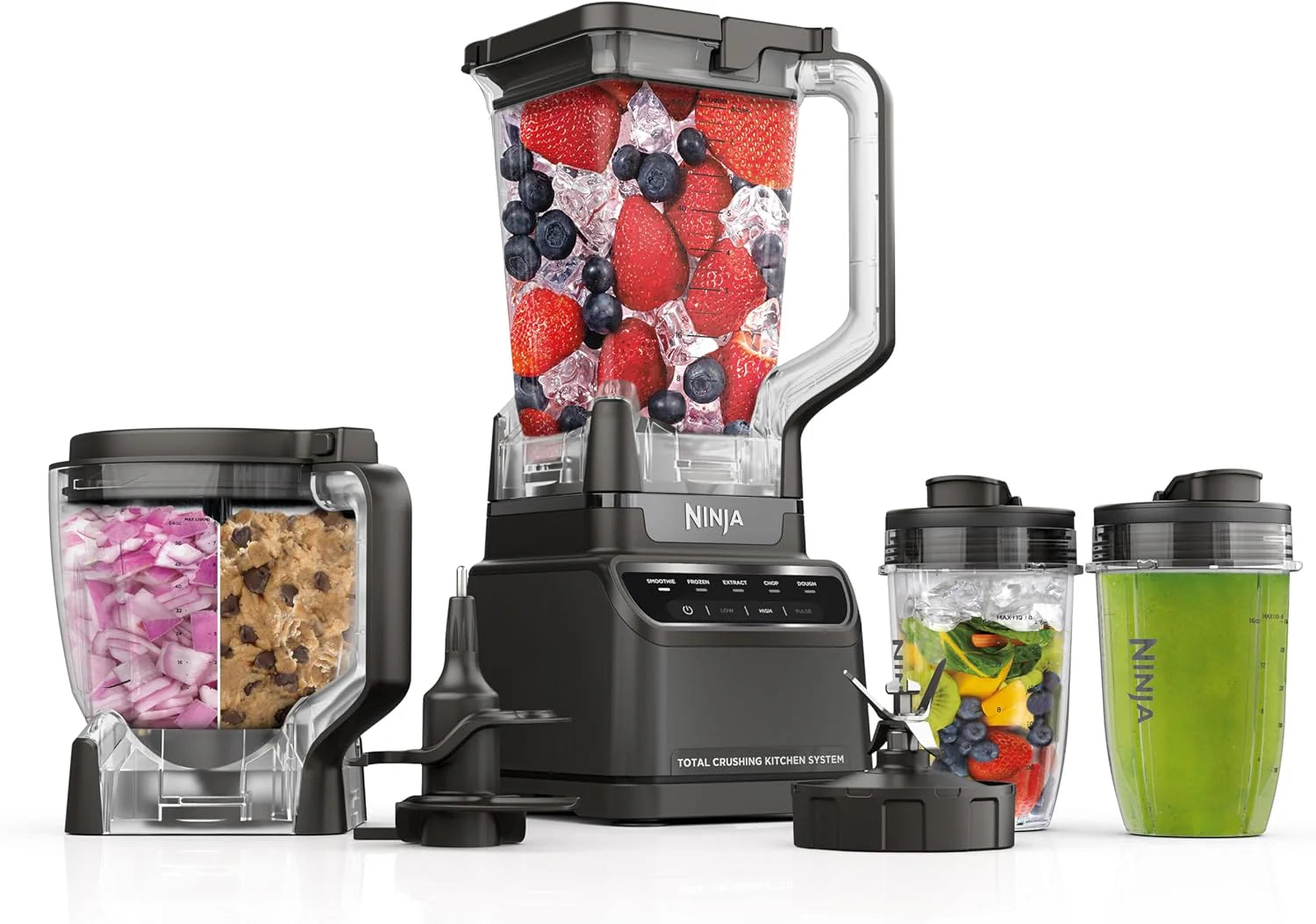 Mega Kitchen System, 1500W, 4 Functions for Smoothies, Processing, Dough, Drinks  More, with 72-oz.* Blender Pitcher, 64-oz. Processor Bowl, (2) 16-oz. To-Go Cups  (2) Lids, Black(Pitcher+Bowl+(2) 18-oz. Cups)