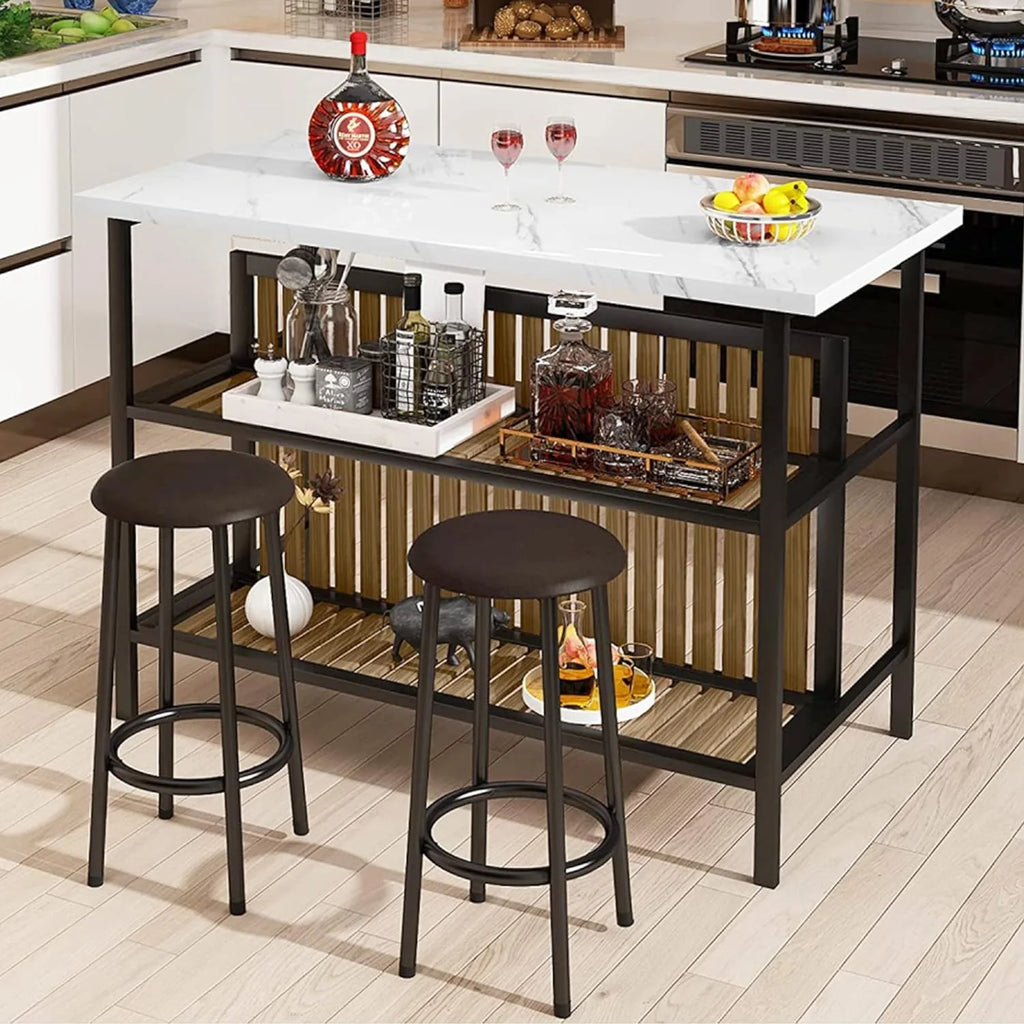 Kitchen Island with Seating  Storage Shelf, Faux Marble Island Table for Kitchen, Modern Bar Table and Chairs Set for 2,Dining Table Set for Small Space,White