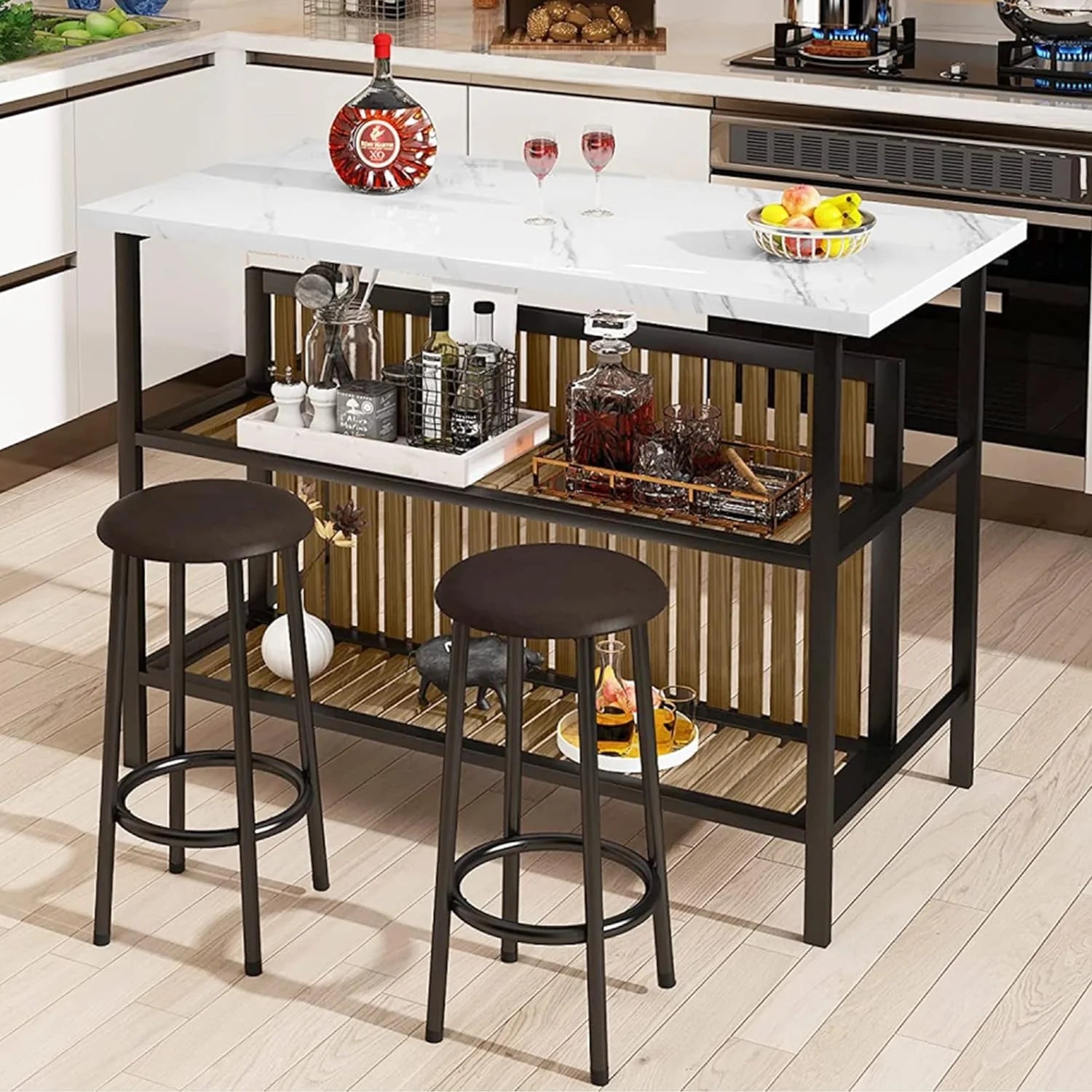 Kitchen Island with Seating  Storage Shelf, Faux Marble Island Table for Kitchen, Modern Bar Table and Chairs Set for 2,Dining Table Set for Small Space,White