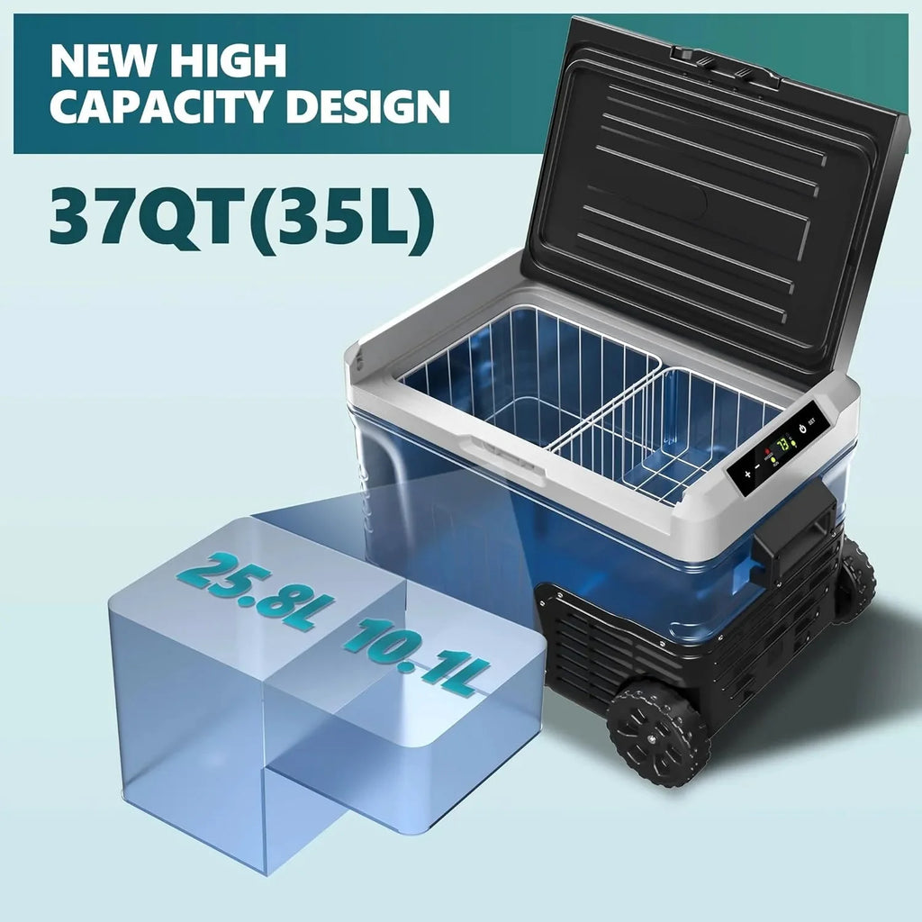 12 Volt Refrigerator, 53QT(50L) Electric Cooler, Portable Freezer 12V/24V DC 110-240V AC, 12V Fridge -4~68, 12V Cooler with Wheels  2 Baskets for Travel, Truck, Boat, Camping(37 Quart)