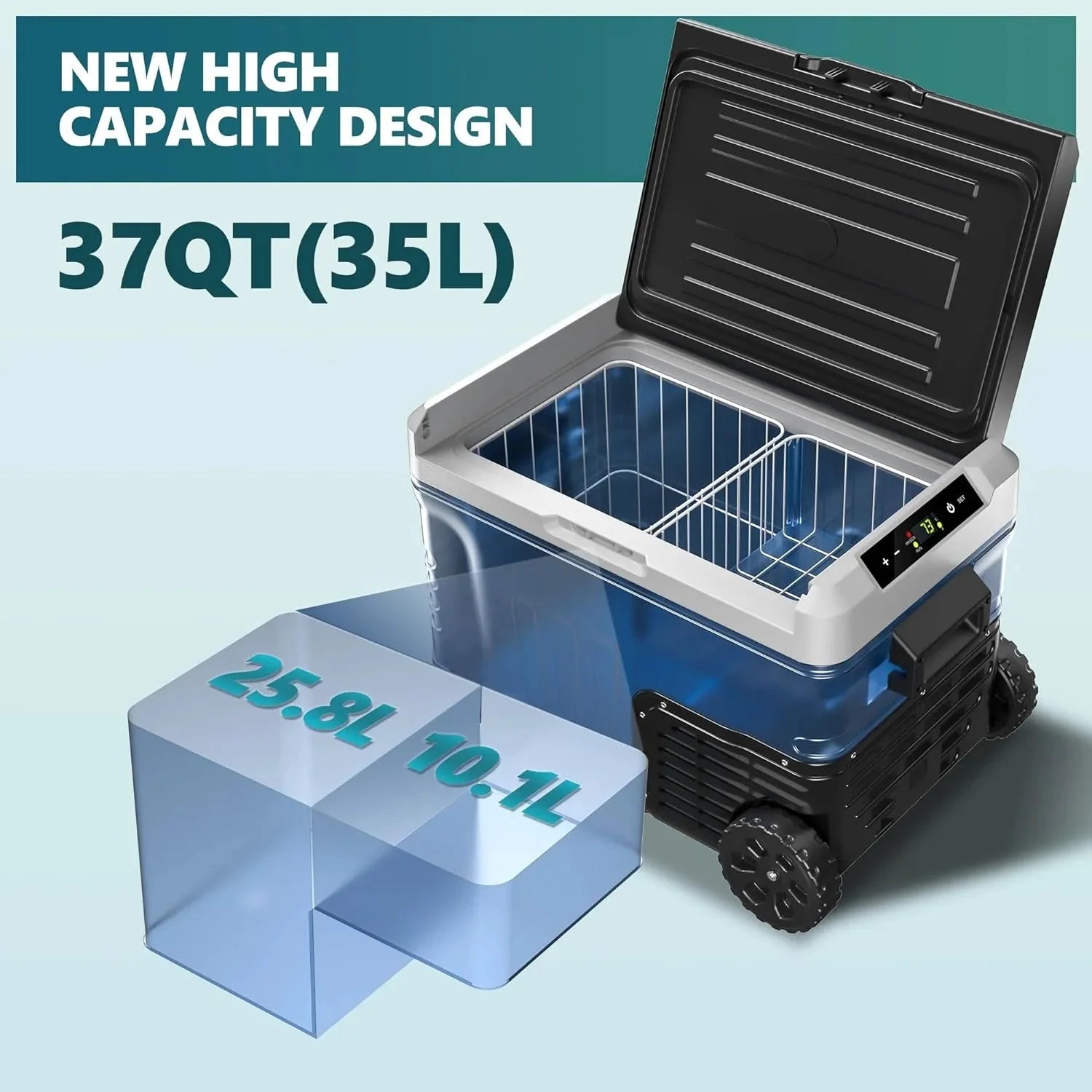 12 Volt Refrigerator, 53QT(50L) Electric Cooler, Portable Freezer 12V/24V DC 110-240V AC, 12V Fridge -4~68, 12V Cooler with Wheels  2 Baskets for Travel, Truck, Boat, Camping(37 Quart)