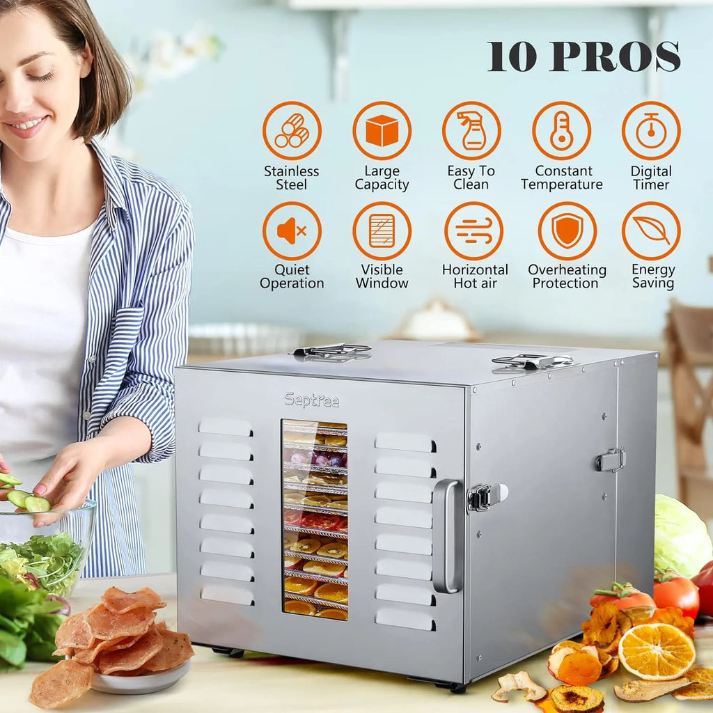 Commercial Large 10 Trays Food Dehydrator, Usable Area up to 17ft2, 1000W Detachable Full Stainless Steel Dryer Machine, up to 190℉ Temperature, for Meat, Fruit, Beef, Herbs, and Pet Food(5-Pack Silicon Trays with Edge)