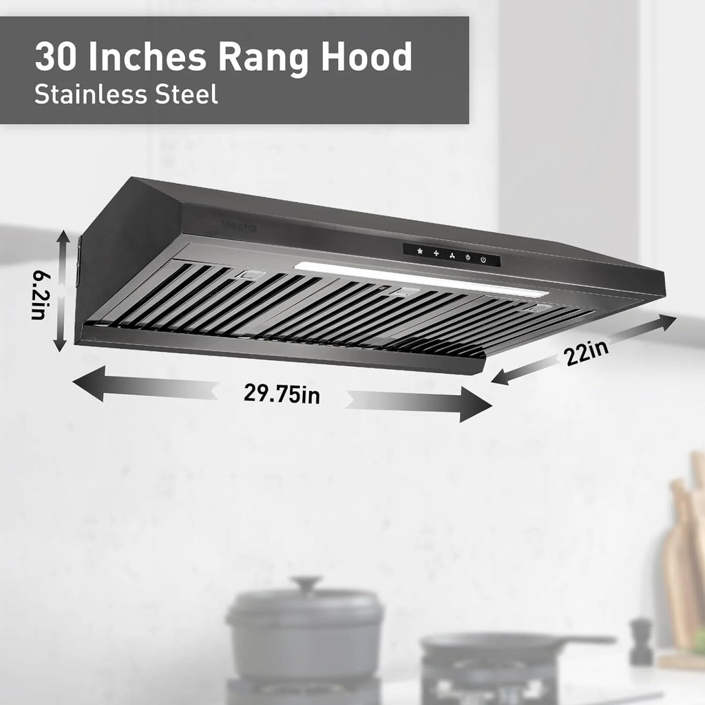 Powerful 30 Inch Under Cabinet Range Hood With Seamless Stainless Steel Body, Twin Turbo Motors, 3 Speed Touch Screen, Round Vent, Baffle Filters, LED Lights, Oil Collector(850 CFM)