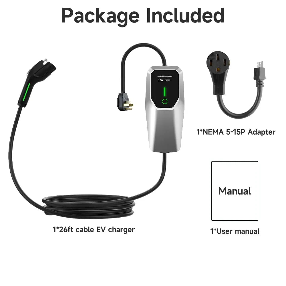 32 Amp Level 12 Portable EV Charger ,26FT Cable NEMA 14-50 Plug for Electric Car Home Charging Station 7.68KW