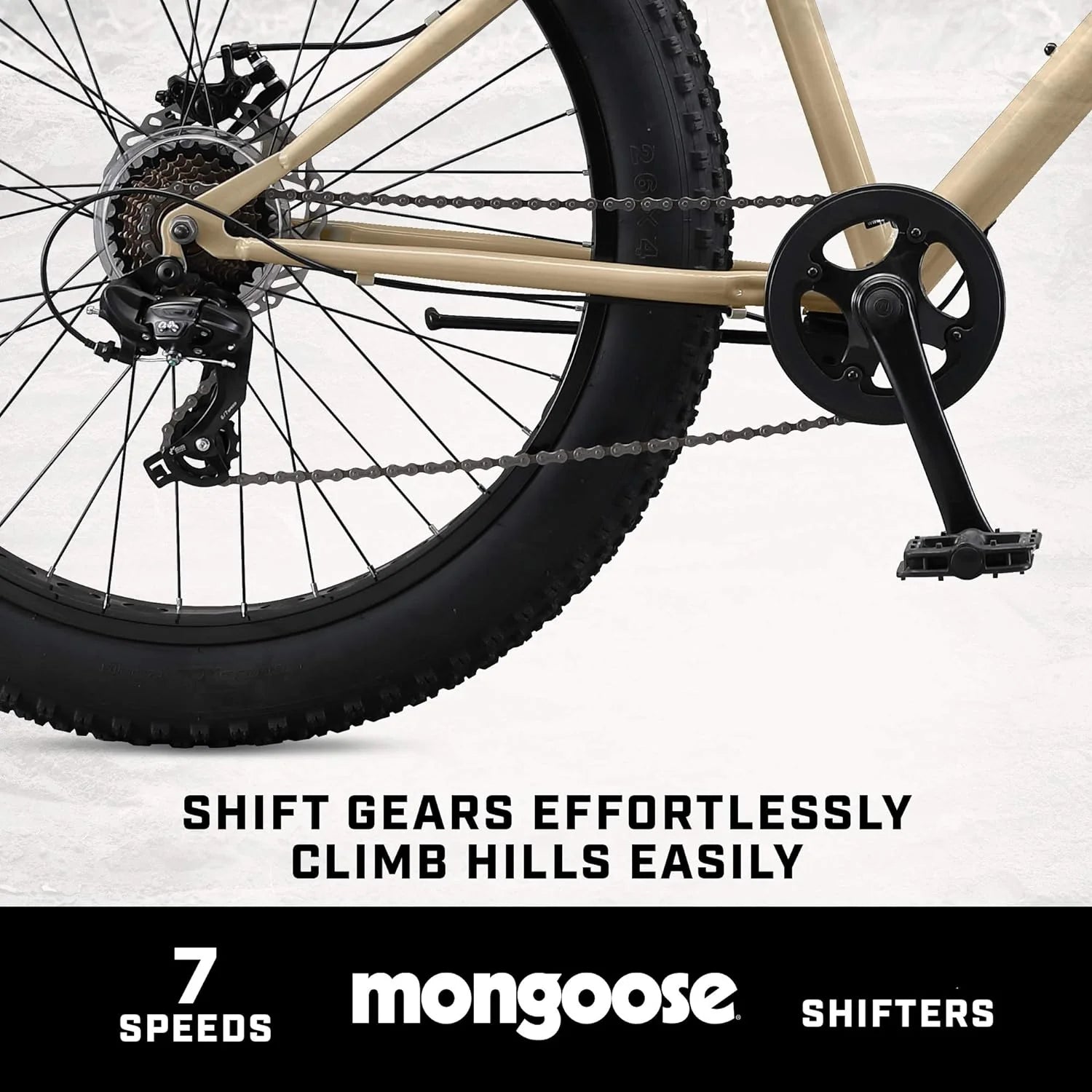 Malus Mens and Women Fat Tire Mountain Bike, 26-Inch Bicycle Wheels, 4-Inch Wide Knobby Tires, Steel Frame, 7 Speed Drivetrain, Shimano Rear Derailleur, Disc Brakes(Tan)