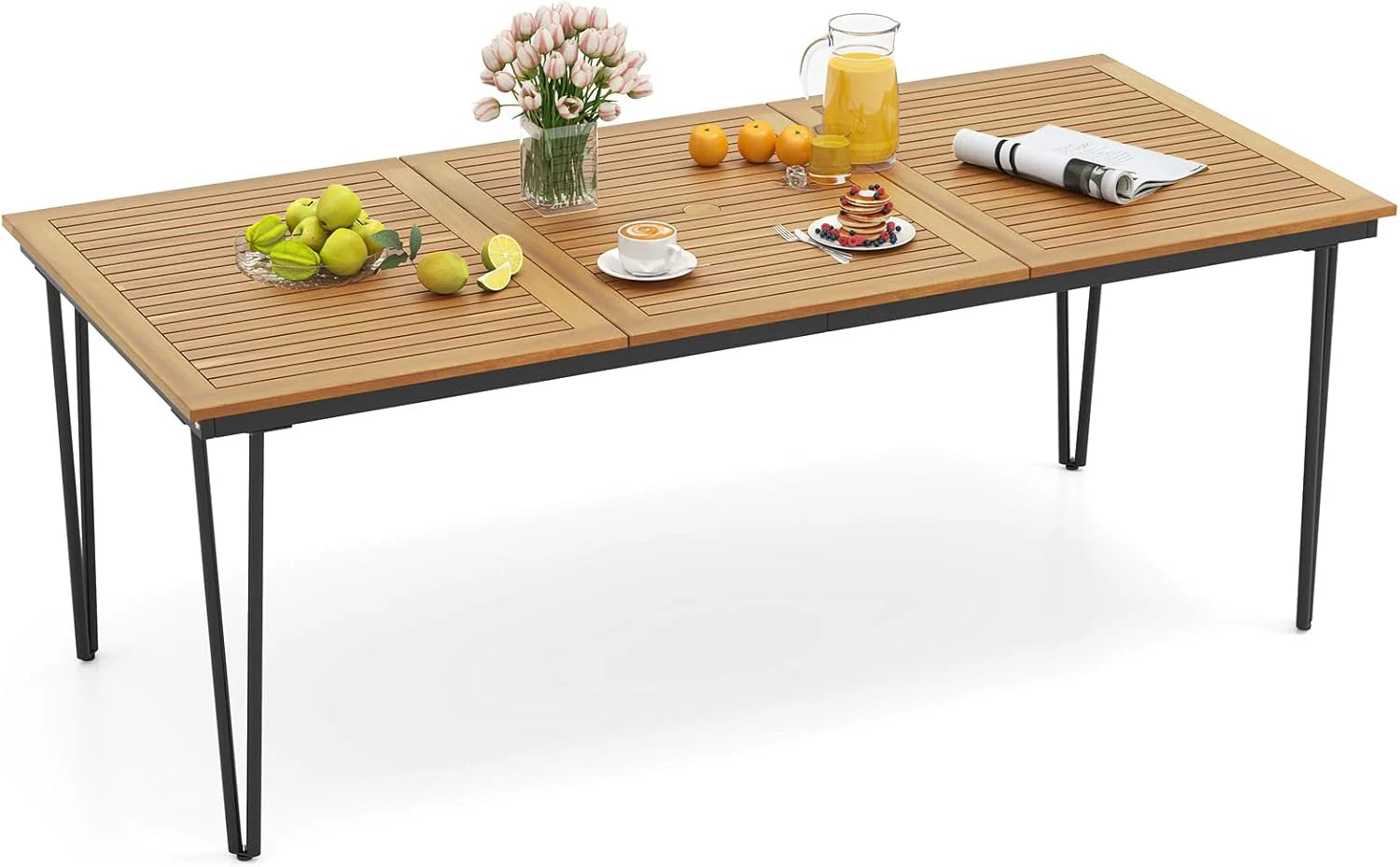 RELAX4LIFE 79" Acacia Wood Outdoor Dining Table for 8 with Umbrella Hole