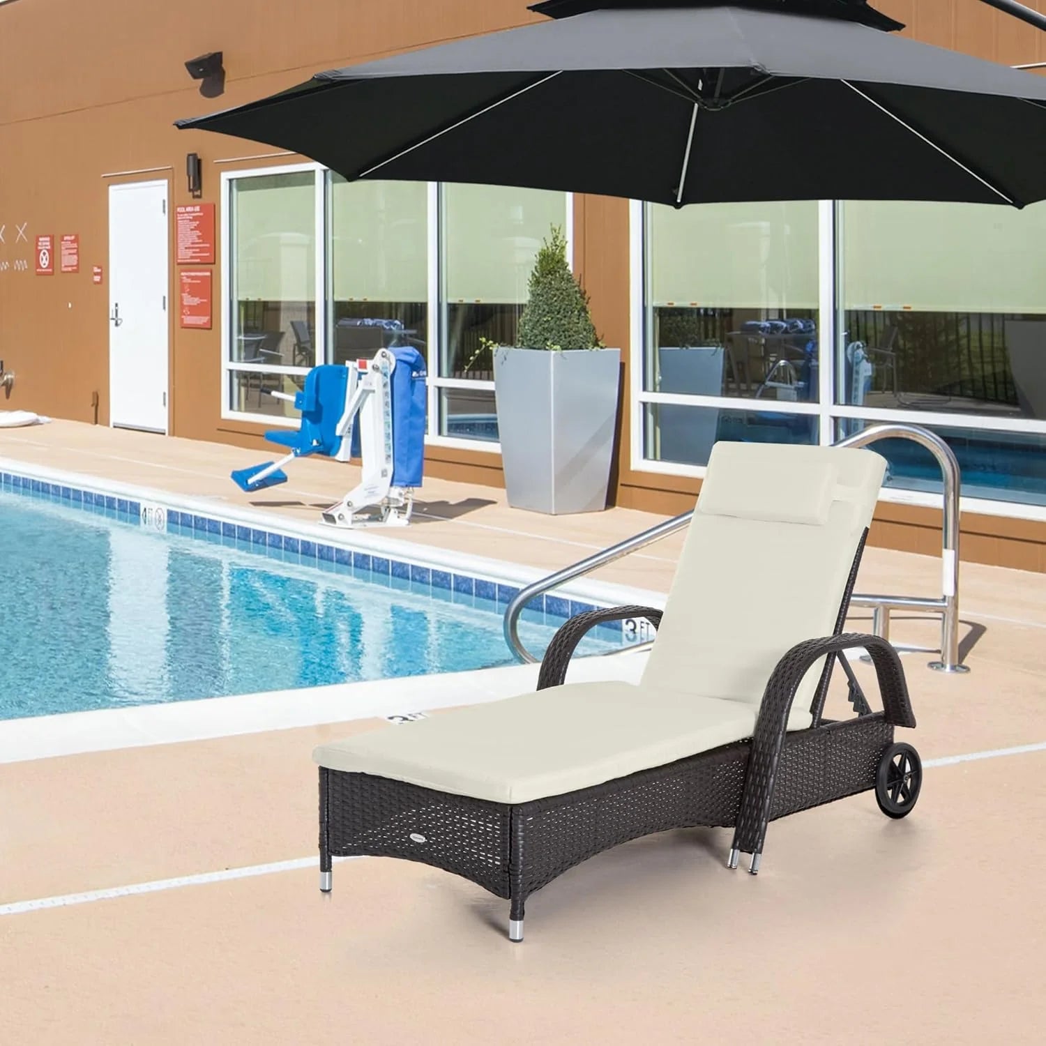 Wicker Outdoor Chaise Lounge, 5-Level Adjustable Backrest PE Rattan Pool Lounge Chair with Wheels, Cushion  Headrest, Brown and Dark Blue(Mixed Brown and Cream White/2 PCs)