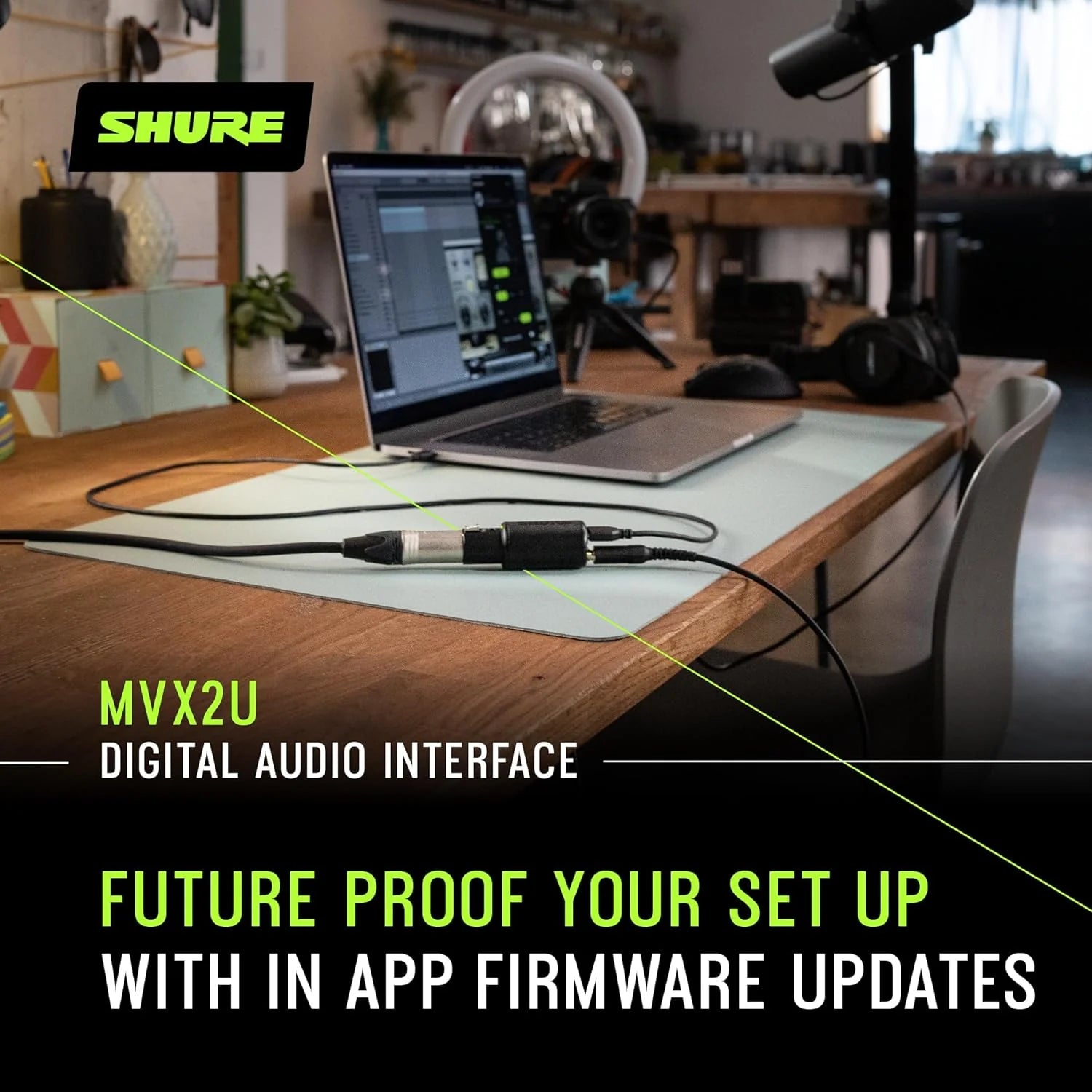 Digital Interface with Headphone Jack, Integrated Pre-amp with 60dB Gain Control, Zero-Latency Monitoring, 48V Phantom Power, ShurePlus Desktop App, 1m USB-C Cable