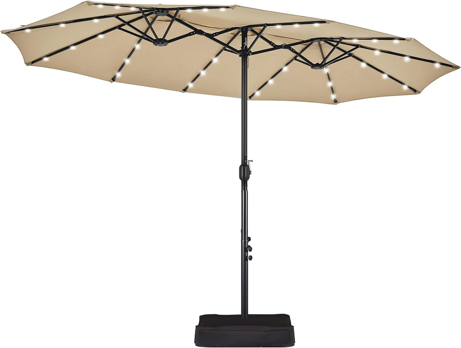 15 ft Large Patio Umbrella with Solar Lights Double-Sided Outdoor Rectangle Market Umbrellas with 36 LED Lights/Base Included/Easy Crank for Patio Garden Yard Pool Lawn, Brown(Brown/15FT)