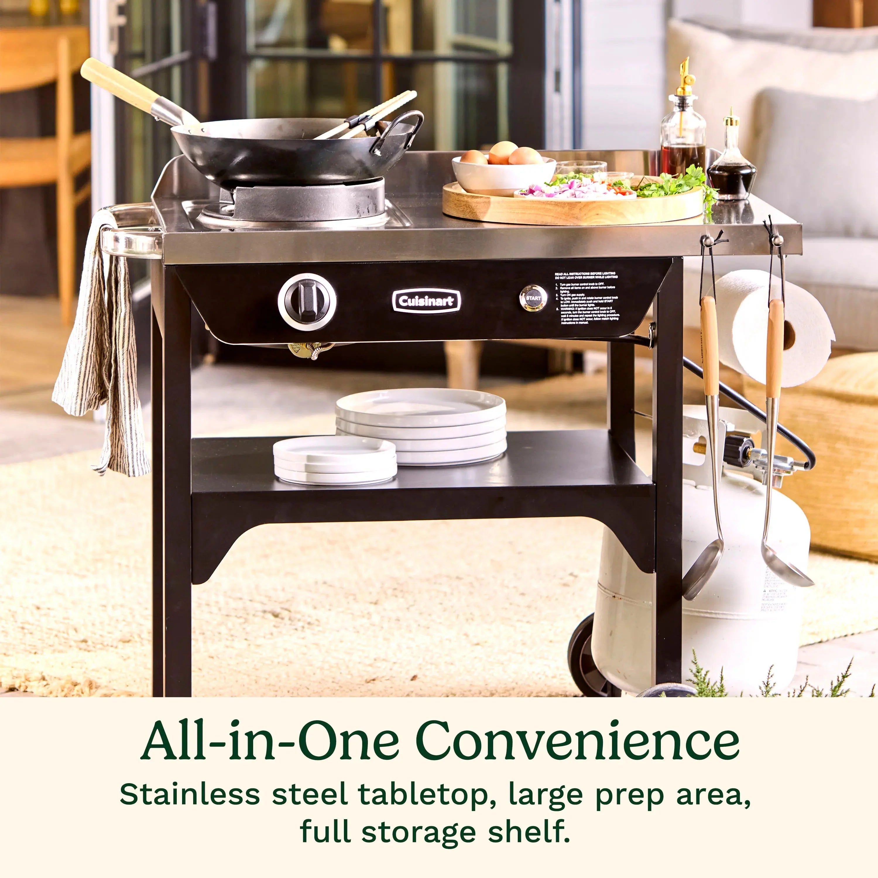 Cuisinart Outdoor Wok Station, 50,000 BTU Propane Outdoor Wok Burner w Prep Table, 14" Carbon Steel Wok for Stir Fry, Searing, BBQ  Black