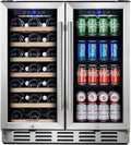 24 inch Wine Cooler, 46 Bottle - Dual Zone Built-in or Freestanding Fridge with Stainless Steel Reversible Glass Door, for Home, Kitchen, or Office.(30-Inch 33bottles97Cans)