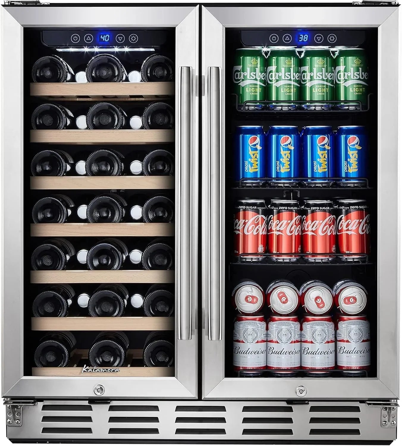 24 inch Wine Cooler, 46 Bottle - Dual Zone Built-in or Freestanding Fridge with Stainless Steel Reversible Glass Door, for Home, Kitchen, or Office.(30-Inch 33bottles97Cans)