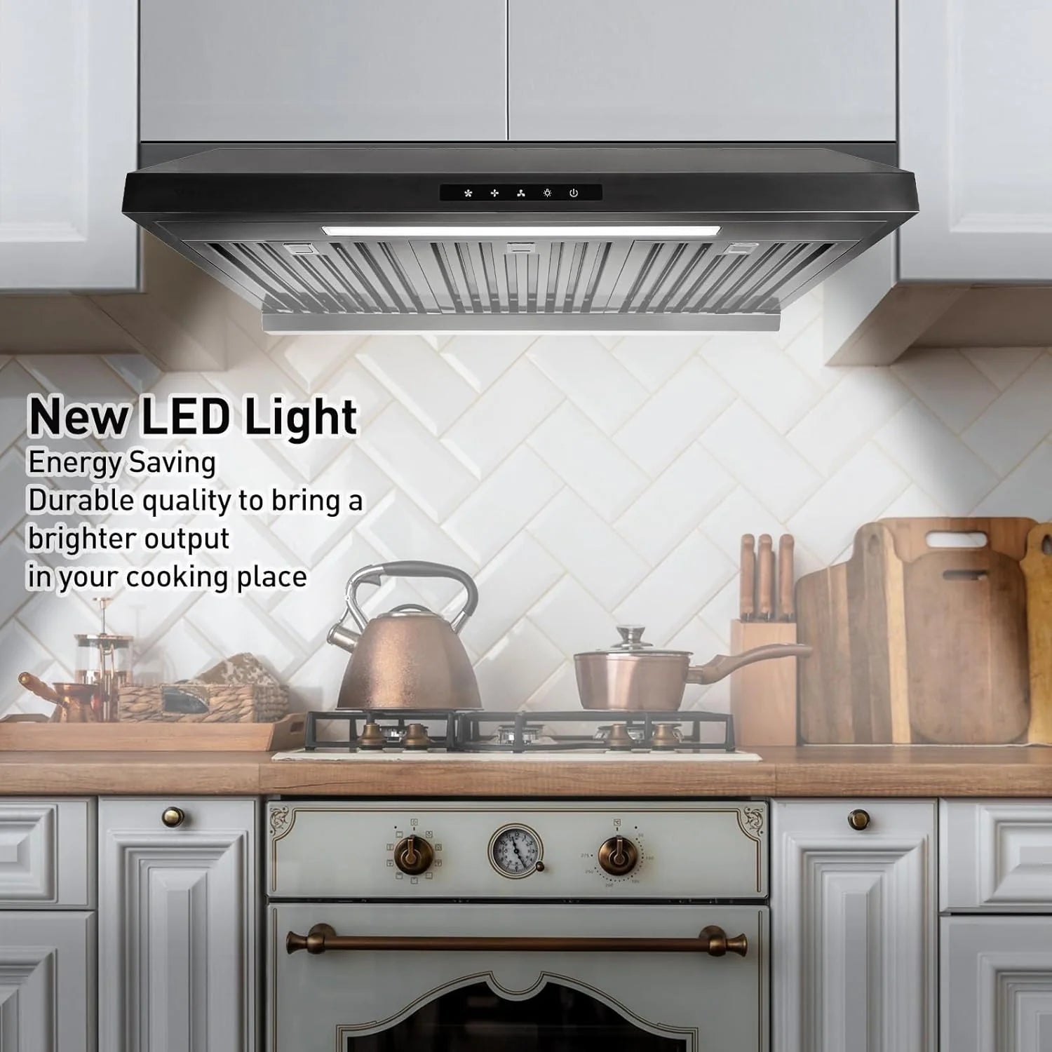 Powerful 30 Inch Under Cabinet Range Hood With Seamless Stainless Steel Body, Twin Turbo Motors, 3 Speed Touch Screen, Round Vent, Baffle Filters, LED Lights, Oil Collector(850 CFM)
