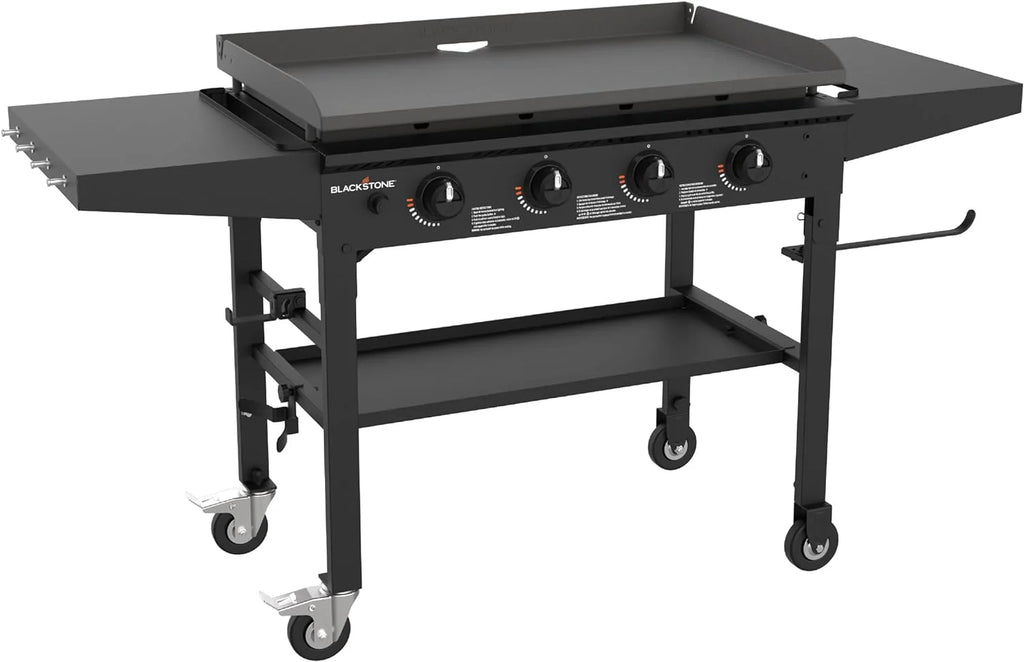 36 Inch Gas Griddle Cooking Station 4 Burner Flat Top Gas Grill Propane Fuelled Restaurant Grade Professional 36” Outdoor Griddle Station with Side Shelf (1554)(Black)