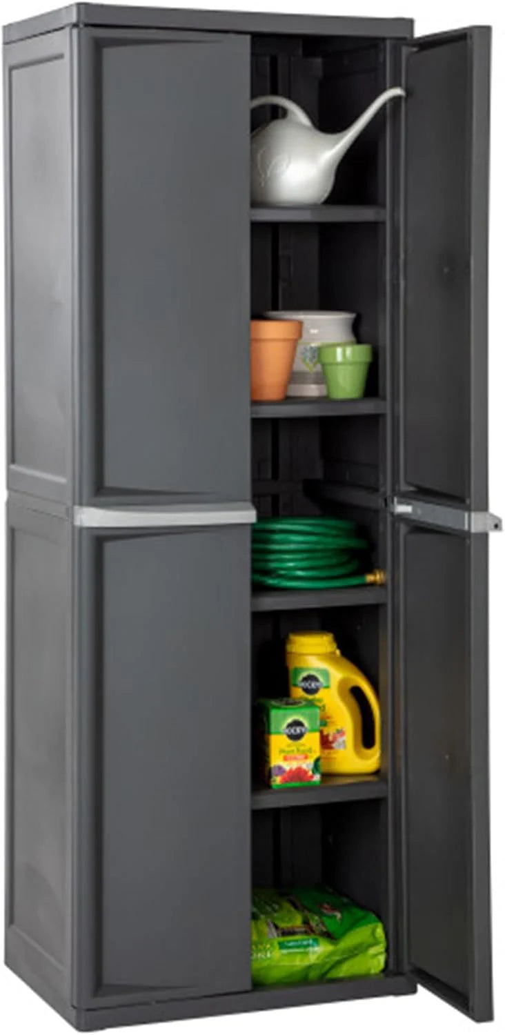 Storage Cabinet, Rugged Plastic Garage Organizer with Double Doors, 4 Adjustable Shelves, Gray(One Size/2 Pack)