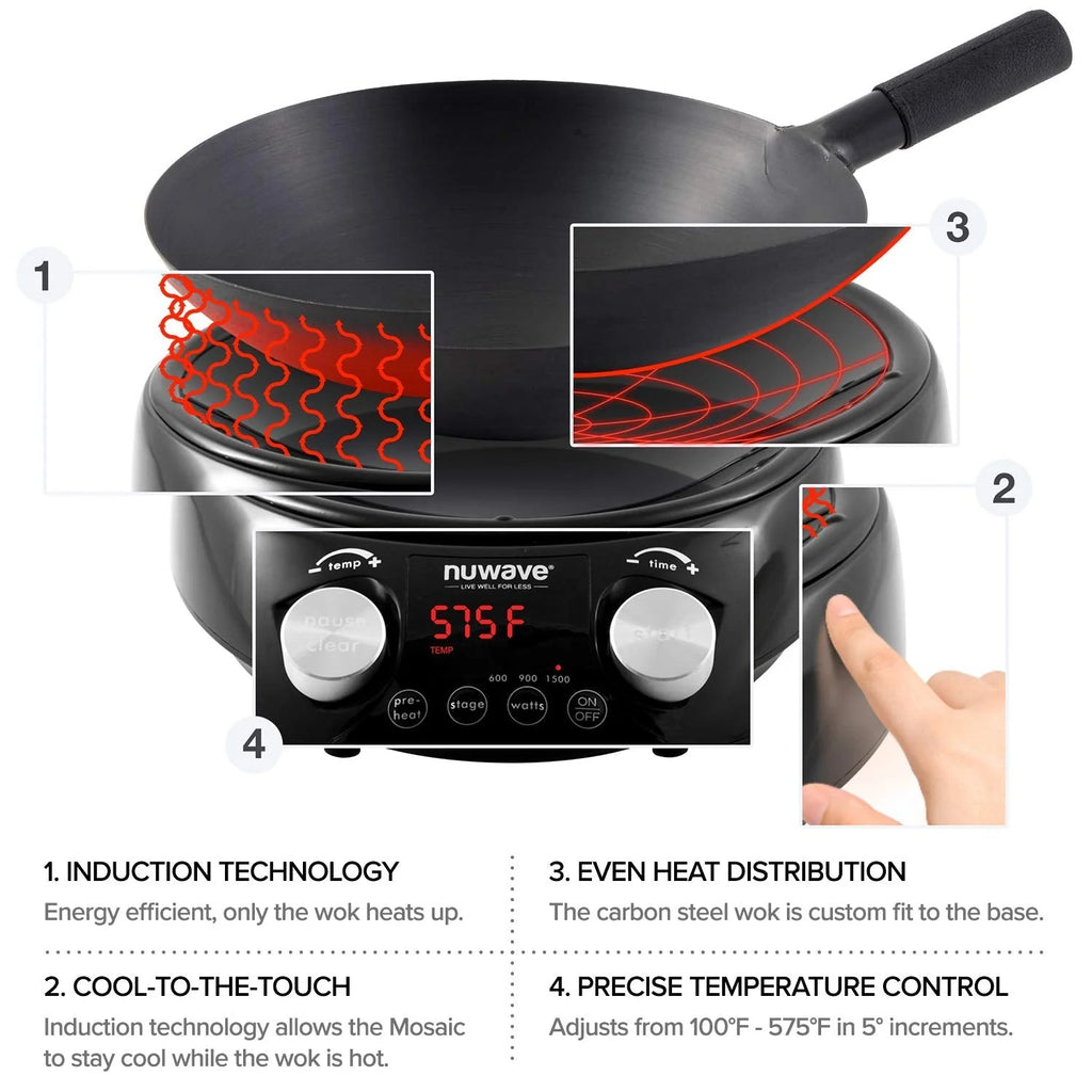 Nuwave Mosaic Induction Wok, Precise Temp Controls from 100u00b0F to 575u00b0F in 5u00b0F, Wok Hei, Infuse Complex Charred Aroma  Flavor, 3 Watts 600, 900  1500, Authentic 14-inch Carbon Steel Wok Included(Black Induction Wok Fry Pan/DeluxeWokCookingKit)