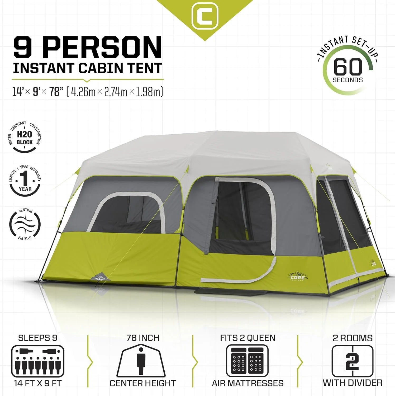 Core 9 Person Instant Cabin Tent - 14' x 9', Green (40008)(9 Person (Green))