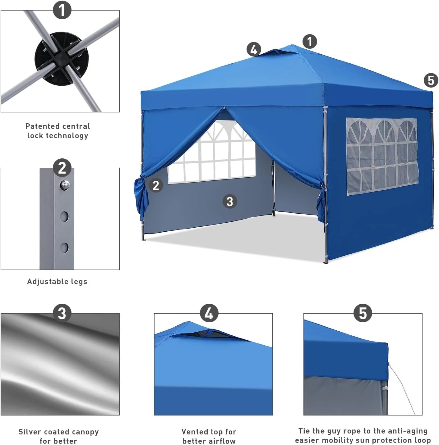 GDY 10x10 Pop Up Canopy Tent, Outdoor Canopy Tent, Patio Tent,Commercial Instant Gazebos,4 Sidewalls, Portable Shelter Canopies, with 4 sandbags, Blue.