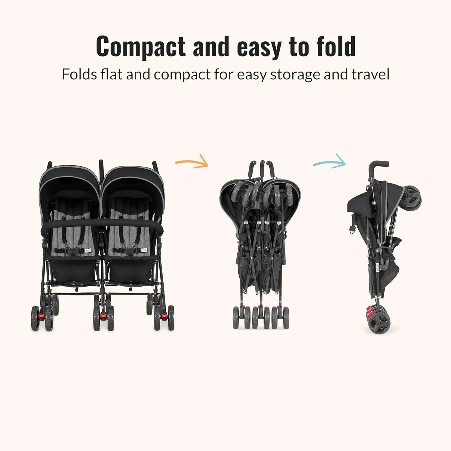 Twin Umbrella Stroller in Black, Lightweight Double Stroller for Infant  Toddler, Compact Easy Fold, Large Storage Basket, Large and Adjustable Canopy(Black)